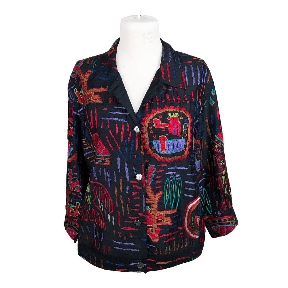 Chico's 0 S Small Jacket Silk Embroidered Button Front Boho Lagenlook Black